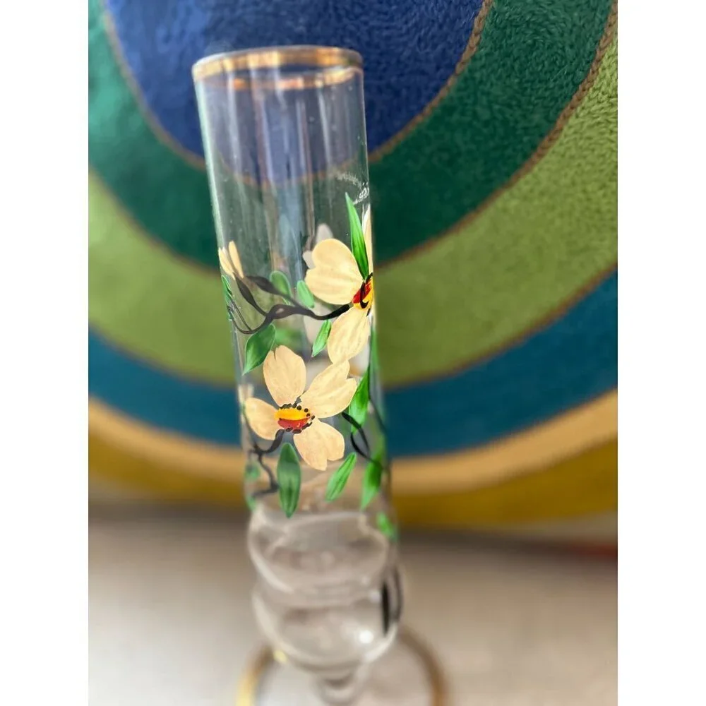 Vintage Hand-painted Pedestal GLASS VASE Painted Flowers Floral Gold Rim 8.25